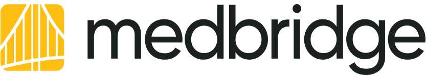 Medbridge logo with black text and a yellow abstract bridge icon on a white background.